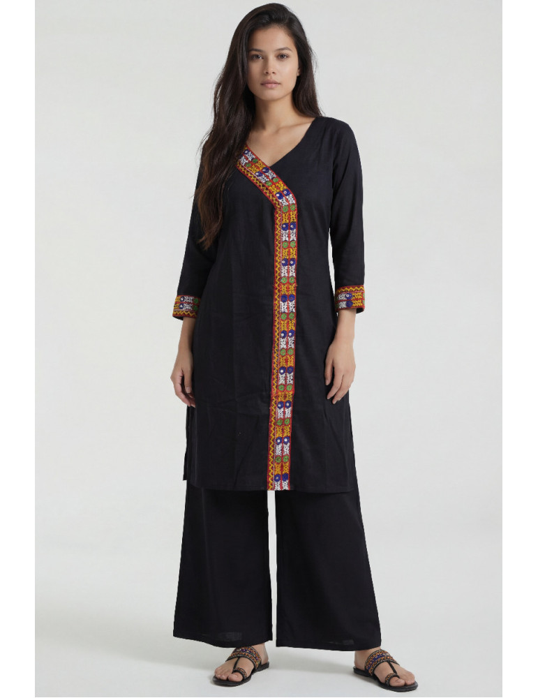 Women Black Multicolor Cotton Angrakha Kurta