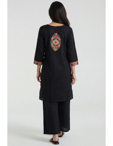 Women Black Multicolor Cotton Angrakha Kurta