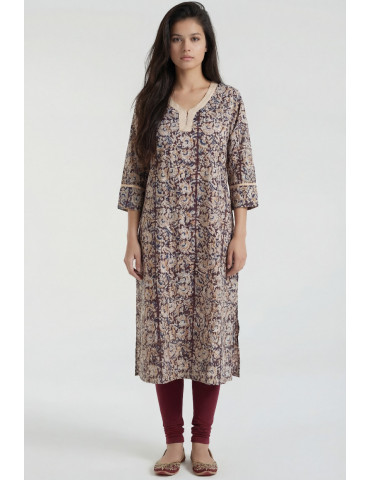 Women Beige Brown Cotton Floral Long Kurta