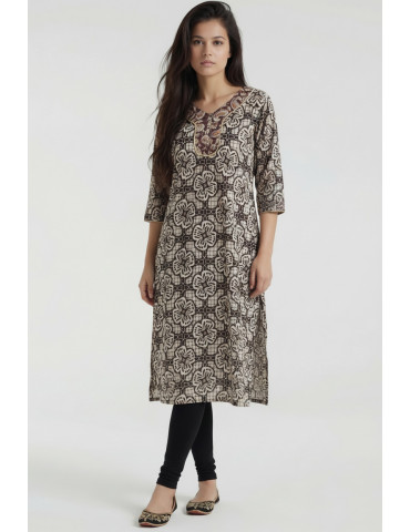 Women Brown Beige Cotton Floral Long Kurta