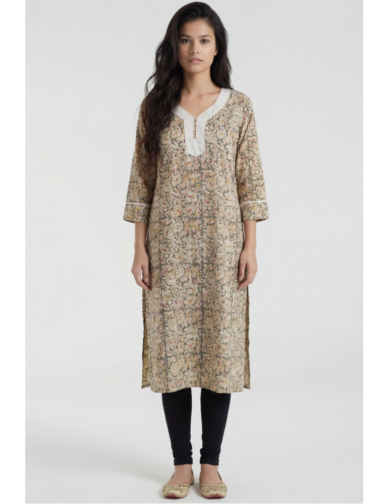 Women Beige Muted green Cotton Floral Long Kurta