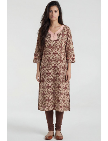 Women Brown Beige Cotton Floral Long Kurta