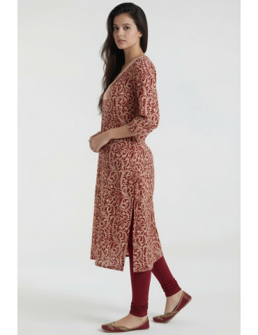 Women Red Beige Cotton Floral Vine print Long Kurta
