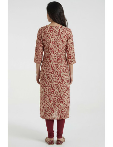 Women Red Beige Cotton Floral Vine print Long Kurta
