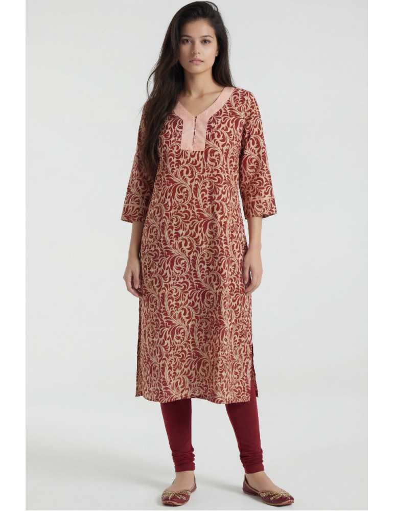 Women Red Beige Cotton Floral Vine print Long Kurta