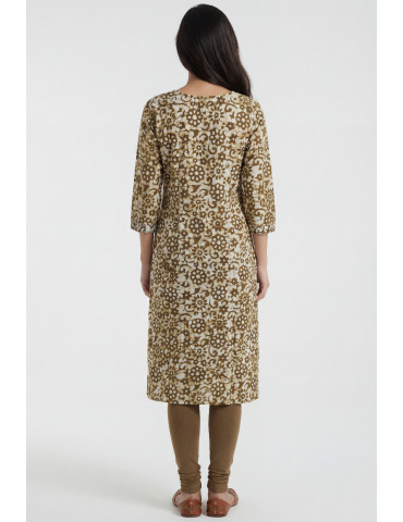 Women Olive Green Beige Cotton Floral Long Kurta