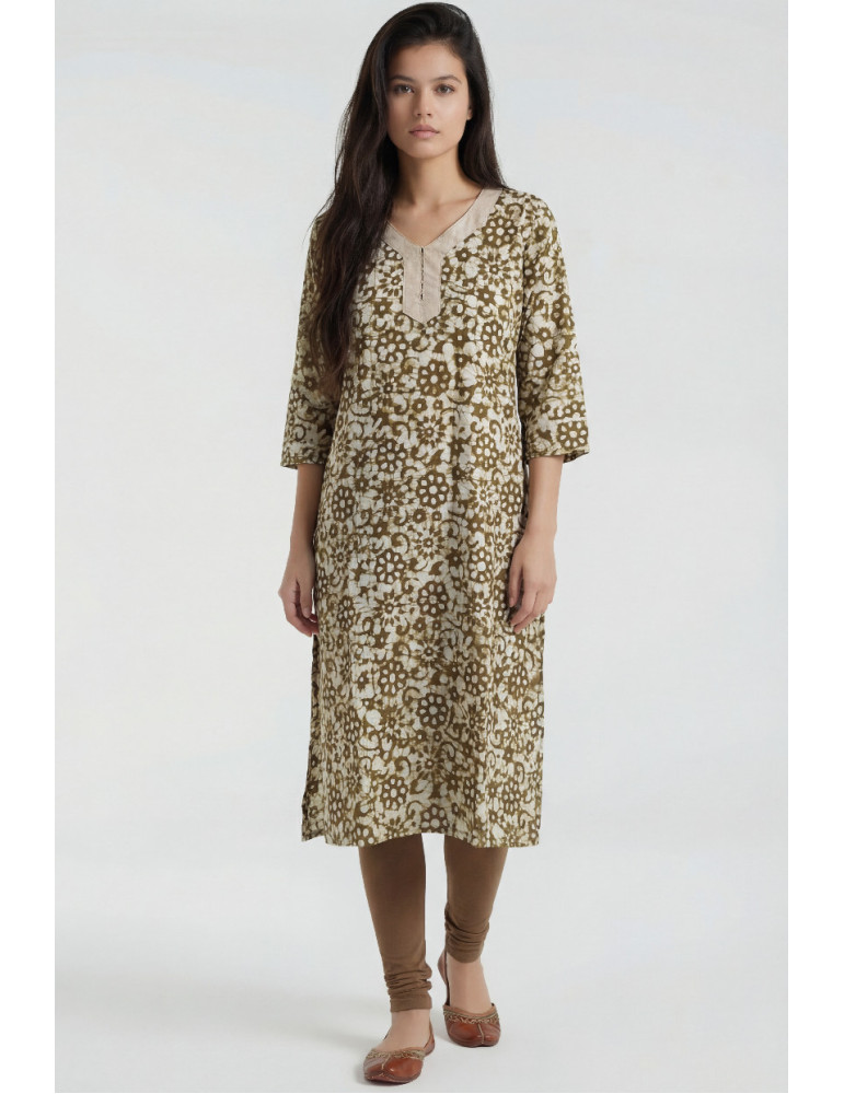 Women Olive Green Beige Cotton Floral Long Kurta