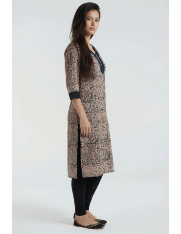 Women Black Beige Red Cotton Floral Long Kurta