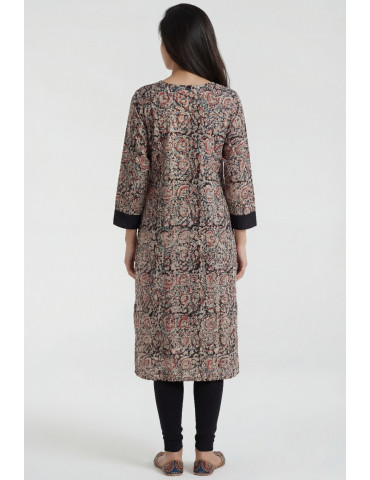 Women Black Beige Red Cotton Floral Long Kurta