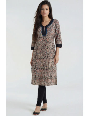 Women Black Beige Red Cotton Floral Long Kurta