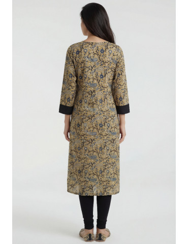 Women Mustard Navy Blue Cotton Floral Long Kurta