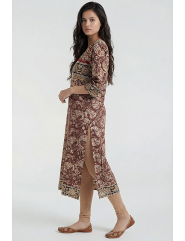 Women Maroon Beige Black Cotton Floral Paisley blockprint Long Kurta