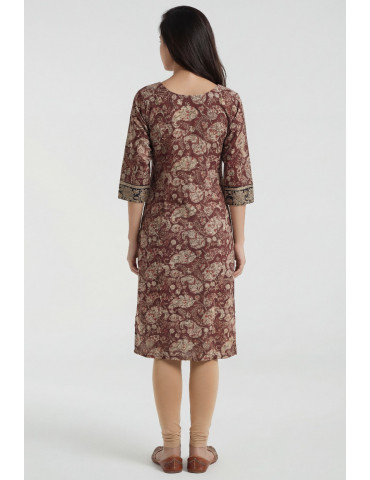 Women Maroon Beige Black Cotton Floral Paisley blockprint Long Kurta