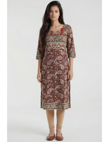 Women Maroon Beige Black Cotton Floral Paisley blockprint Long Kurta