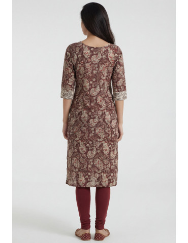 Women Brown Beige Cotton Floral Paisley blockprint Long Kurta