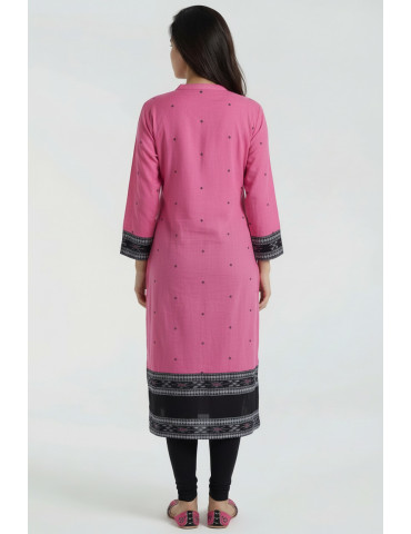 Women Pink Black Cotton Ikat Long Kurta