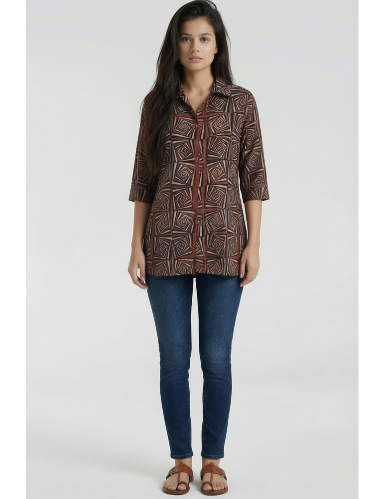 Women Brown Maroon Cotton Geometric Tunic