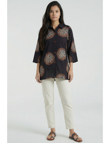 Women Black Brown Baby Blue Cotton Medallion print Tunic
