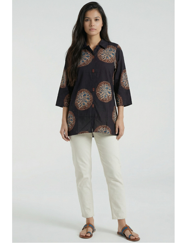 Women Black Brown Baby Blue Cotton Medallion print Tunic