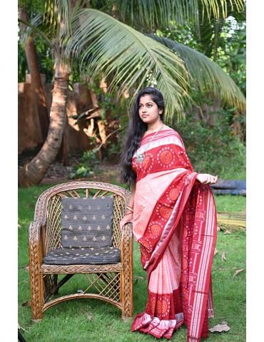 Red Orange Peach with Bandha Border Cotton Handloom Sambalpuri Saree