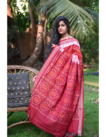 Red Orange Peach with Bandha Border Cotton Handloom Sambalpuri Saree