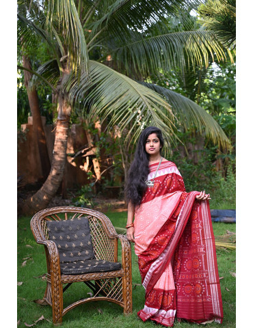Red Orange Peach with Bandha Border Cotton Handloom Sambalpuri Saree
