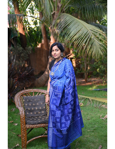 Cobalt with Navy Blue Border Cotton Handloom Sambalpuri Saree