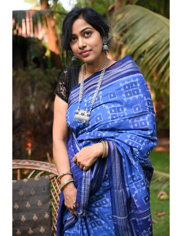 Cobalt with Navy Blue Border Cotton Handloom Sambalpuri Saree