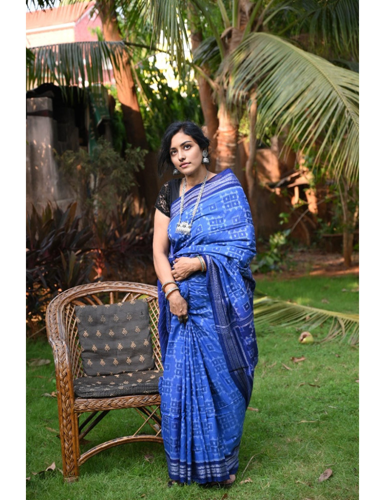Cobalt with Navy Blue Border Cotton Handloom Sambalpuri Saree