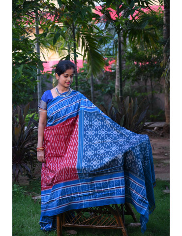Maroon with Blue Border Cotton Handloom Sambalpuri Saree