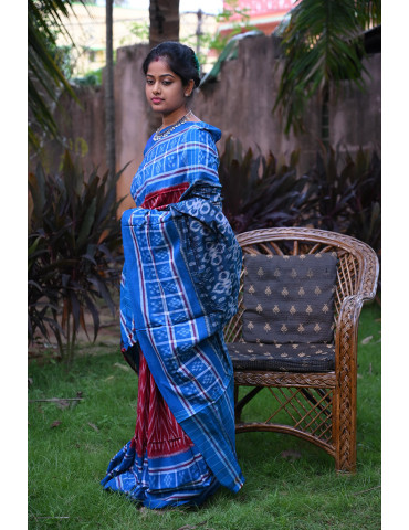 Maroon with Blue Border Cotton Handloom Sambalpuri Saree