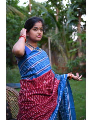 Maroon with Blue Border Cotton Handloom Sambalpuri Saree