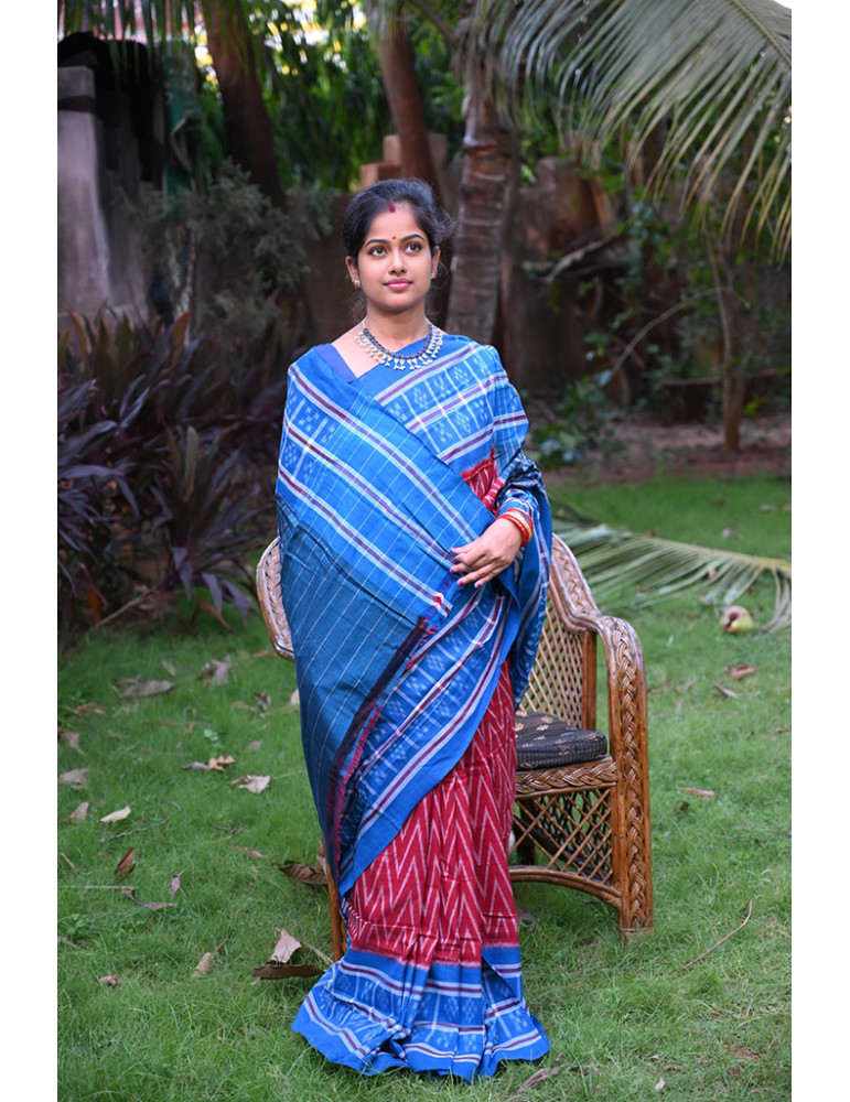 Maroon with Blue Border Cotton Handloom Sambalpuri Saree