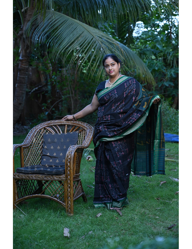 Black with Bottle Green Border Cotton Handloom Sambalpuri Saree