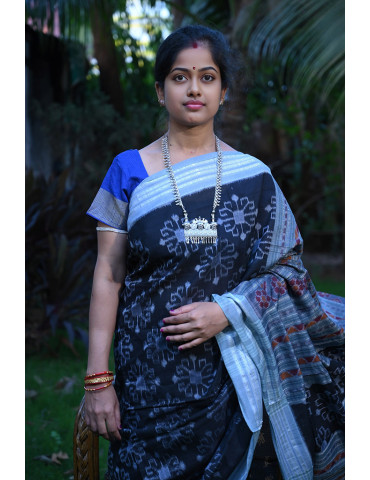 Black with Ash Border Cotton Handloom Sambalpuri Saree