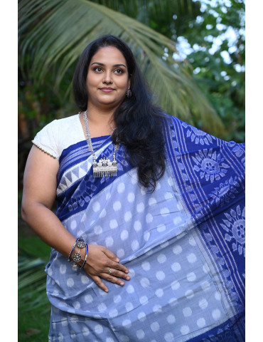 Blue Denim Cotton Handloom Sambalpuri Saree