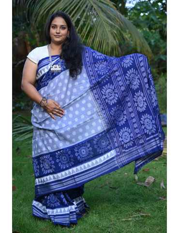 Blue Denim Cotton Handloom Sambalpuri Saree
