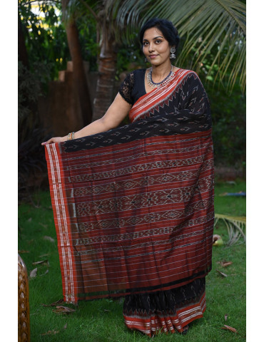 Black with Rust Border Cotton Handloom Sambalpuri Saree