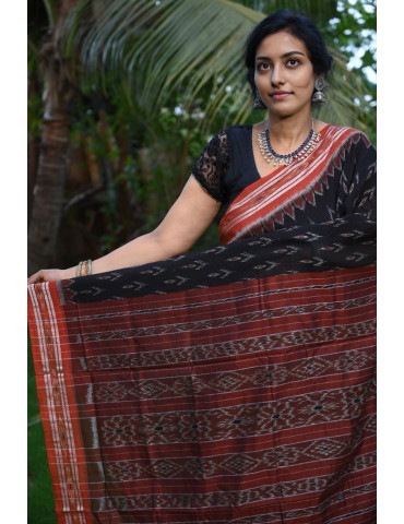 Black with Rust Border Cotton Handloom Sambalpuri Saree