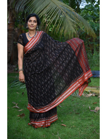 Black with Rust Border Cotton Handloom Sambalpuri Saree