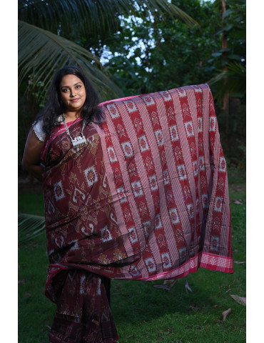 Maroon Brown with Pink Border Cotton Handloom Saree