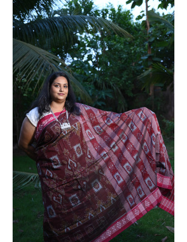 Maroon Brown with Pink Border Cotton Handloom Saree