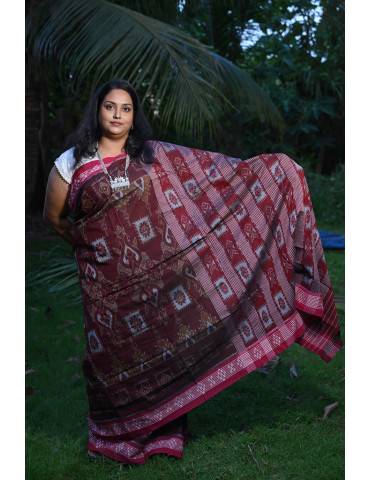 Maroon Brown with Pink Border Cotton Handloom Saree
