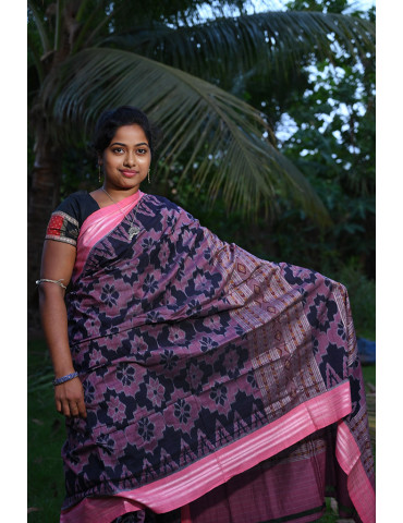 Deep Navy Blue Onion with Pink Border Cotton Handloom Sambalpuri Saree