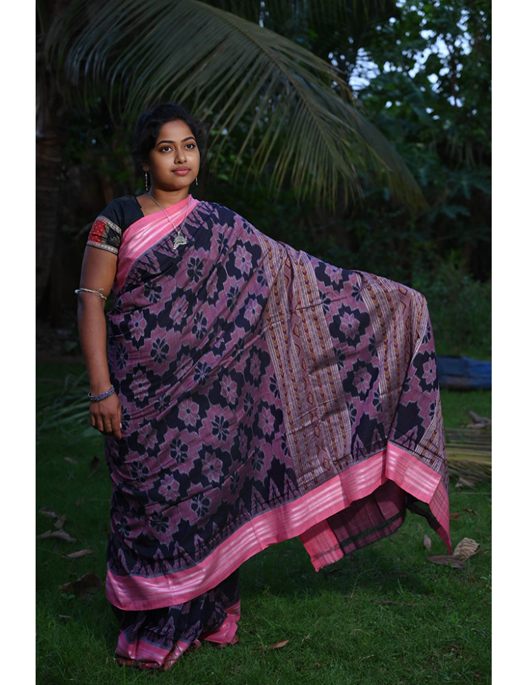 Deep Navy Blue Onion with Pink Border Cotton Handloom Sambalpuri Saree