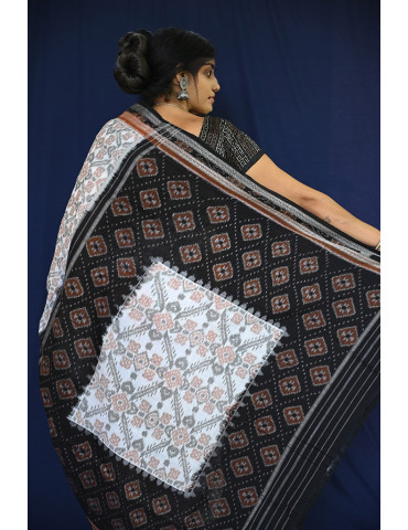 White Shades with Rust Black Border Cotton Handloom Sambalpuri Saree