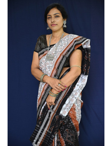White Shades with Rust Black Border Cotton Handloom Sambalpuri Saree