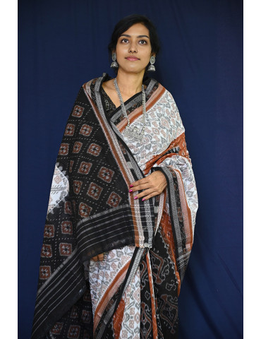 White Shades with Rust Black Border Cotton Handloom Sambalpuri Saree
