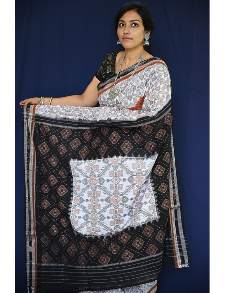 White Shades with Rust Black Border Cotton Handloom Sambalpuri Saree