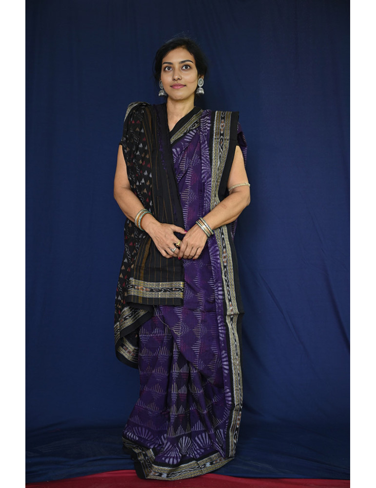 Purple with Black Border Cotton Handloom Sambalpuri Saree
